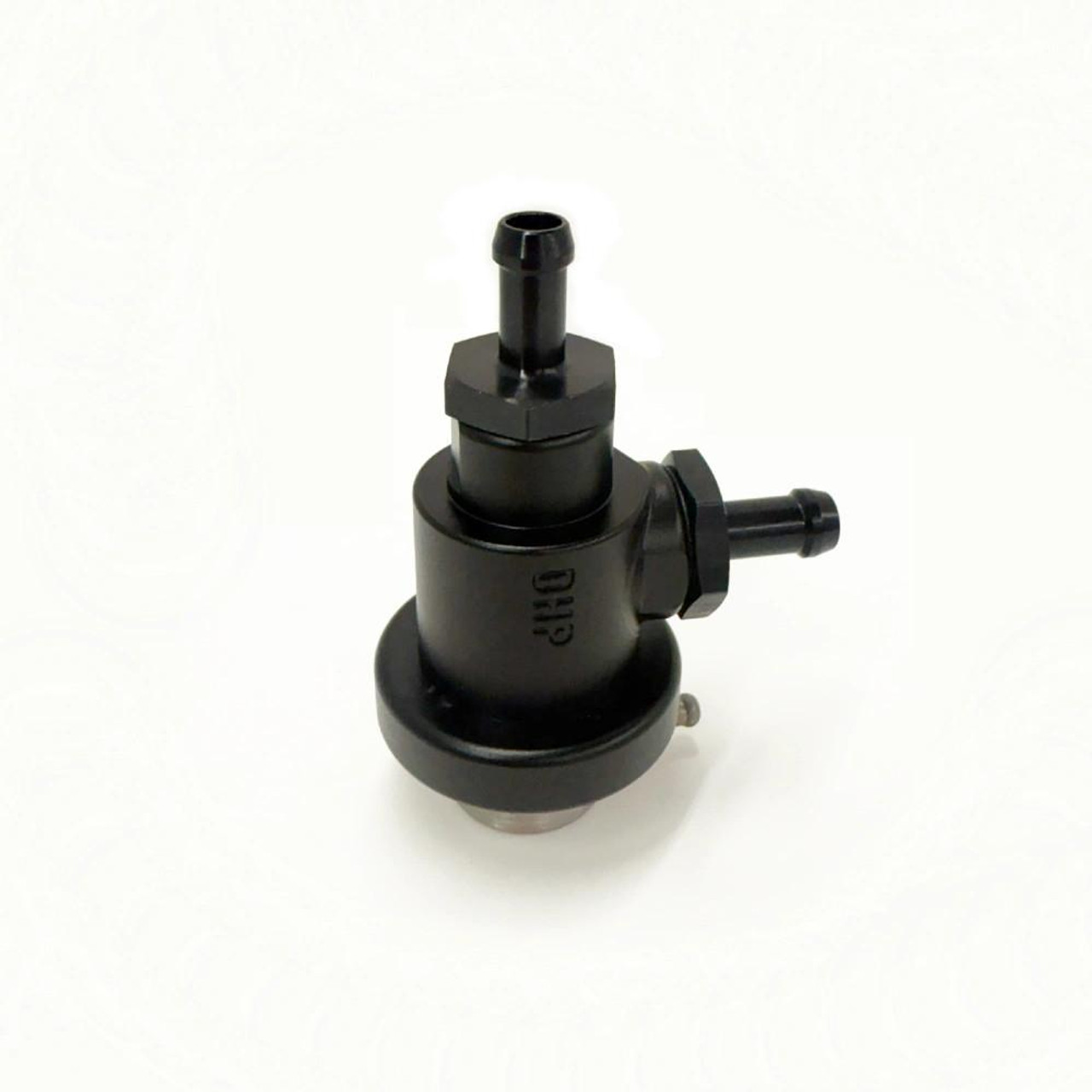 DHP 1:1 Fuel Pressure Regulator, black automotive fuel pressure regulator with multiple connection ports on a white background.