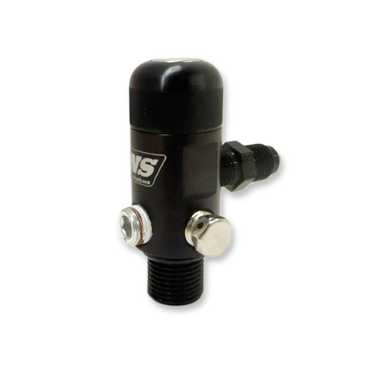 Nitrous Supply 5/8 Inch Thread High Flow Bottle Valve, high-flow bottle valve with black finish and threaded connection for nitrous oxide tanks.