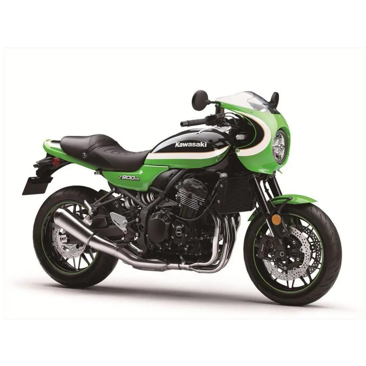 Quantum Fuel Systems Quantum Replacement Fuel Pump Kawasaki Z900RS (18-24), motorcycle with a green and black body, black seat, and chrome exhaust pipe.