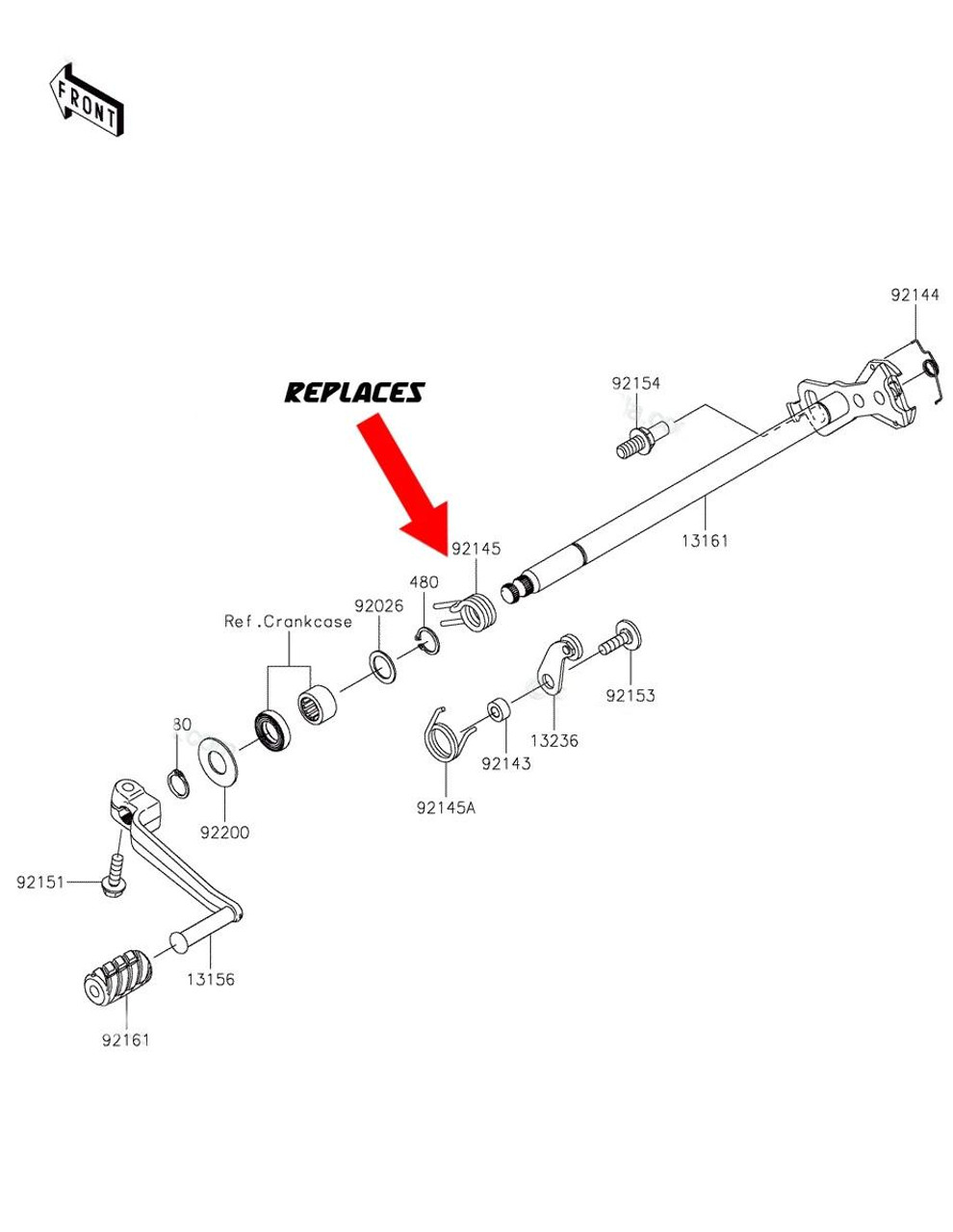 Robinson Industries Heavy Duty Detent Spring Kawasaki ZX-14R (06-26), technical diagram showing the spring as a replacement part in the motorcycle's assembly. Robinson Industries Heavy Duty Detent Spring Kawasaki ZX-14R (06-26), technical diagram showing the spring as a replacement part in the motorcycle's assembly.