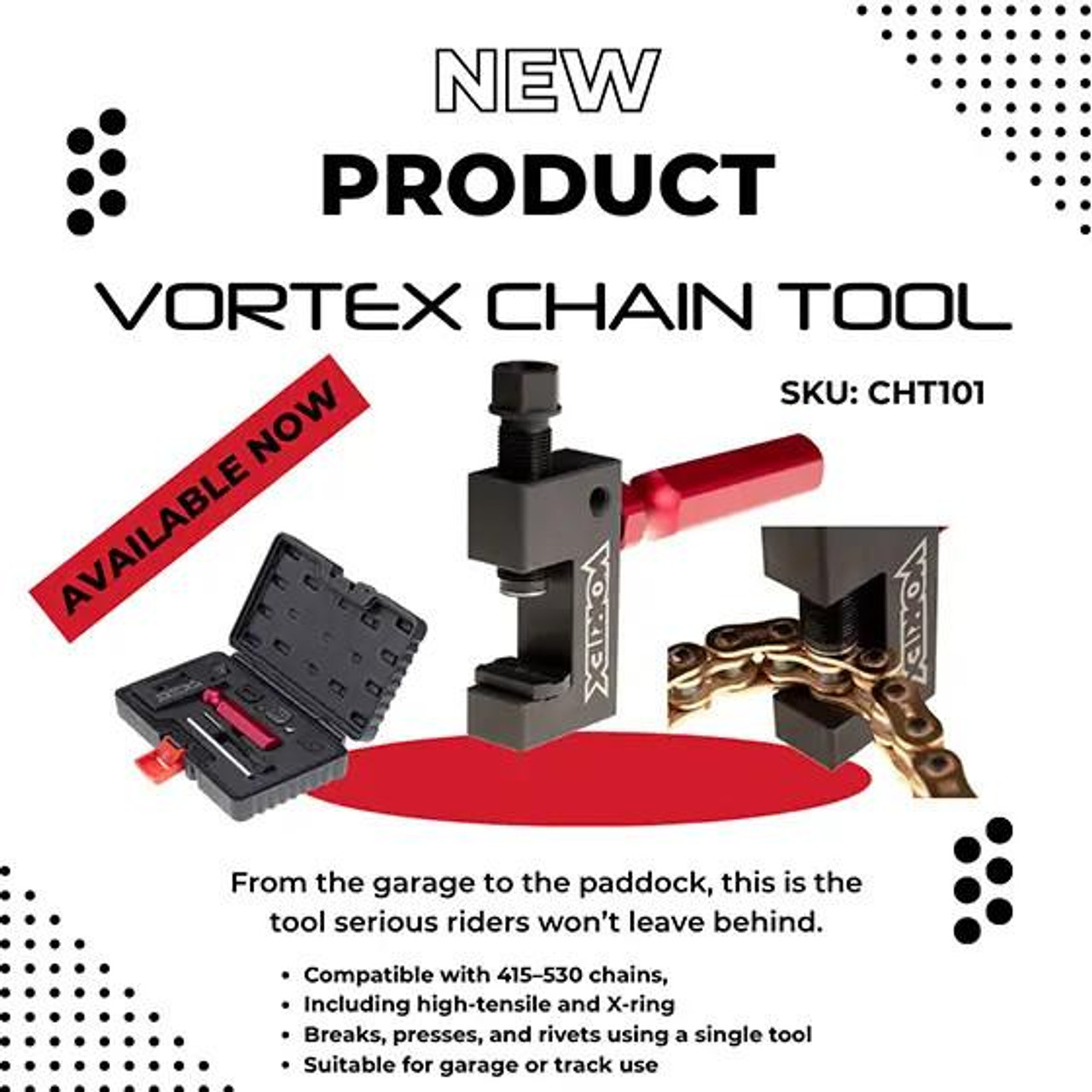 Vortex Racing Chain Tool, image showing the new chain tool with a black and red design and a carrying case, designed for bike chain maintenance.