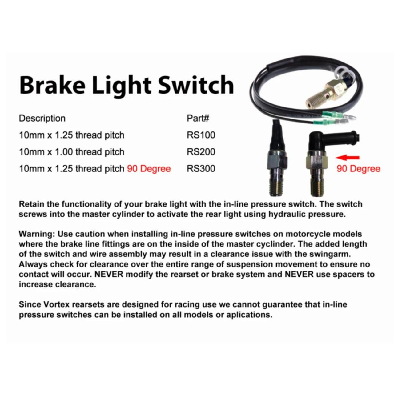 Vortex Rear Brake Light Switch, image showing three different brake light switches with hydraulic pressure fittings and cables, used for motorcycle brake systems.