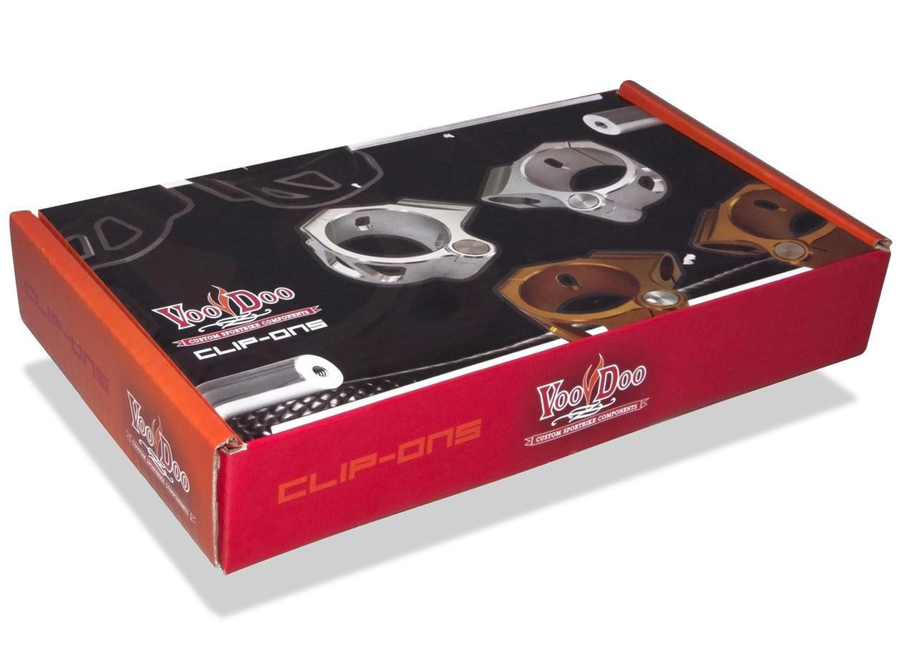VooDoo Voodoo Hinged Clip-On Handlebars 48mm Open Box, image showing the product packaging with multiple handlebar components inside. VooDoo Voodoo Hinged Clip-On Handlebars 48mm Open Box, image showing the product packaging with multiple handlebar components inside.