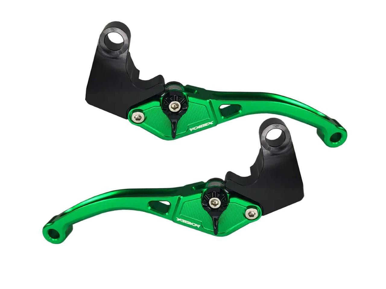 Vortex V3 Green Race Levers Kawasaki ZX-14R (06-17) - Open Box, vibrant green motorcycle race levers with black mounting brackets and sleek design.