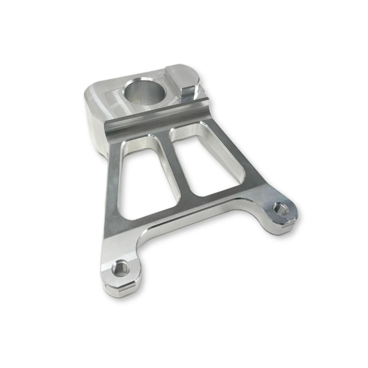 Brutal Performance Lightweight Rear Caliper Hanger for Kawasaki ZX-14R, front view of a silver anodized metal motorcycle caliper bracket.