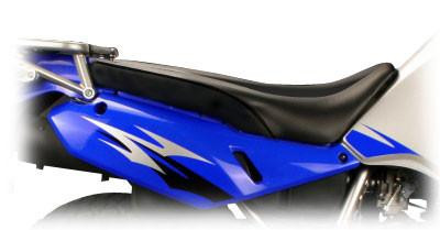Sargent Low Height World Sport Performance Seat Kawasaki KLR650, close-up view of the black and blue motorcycle seat mounted on the Kawasaki KLR650 bike.