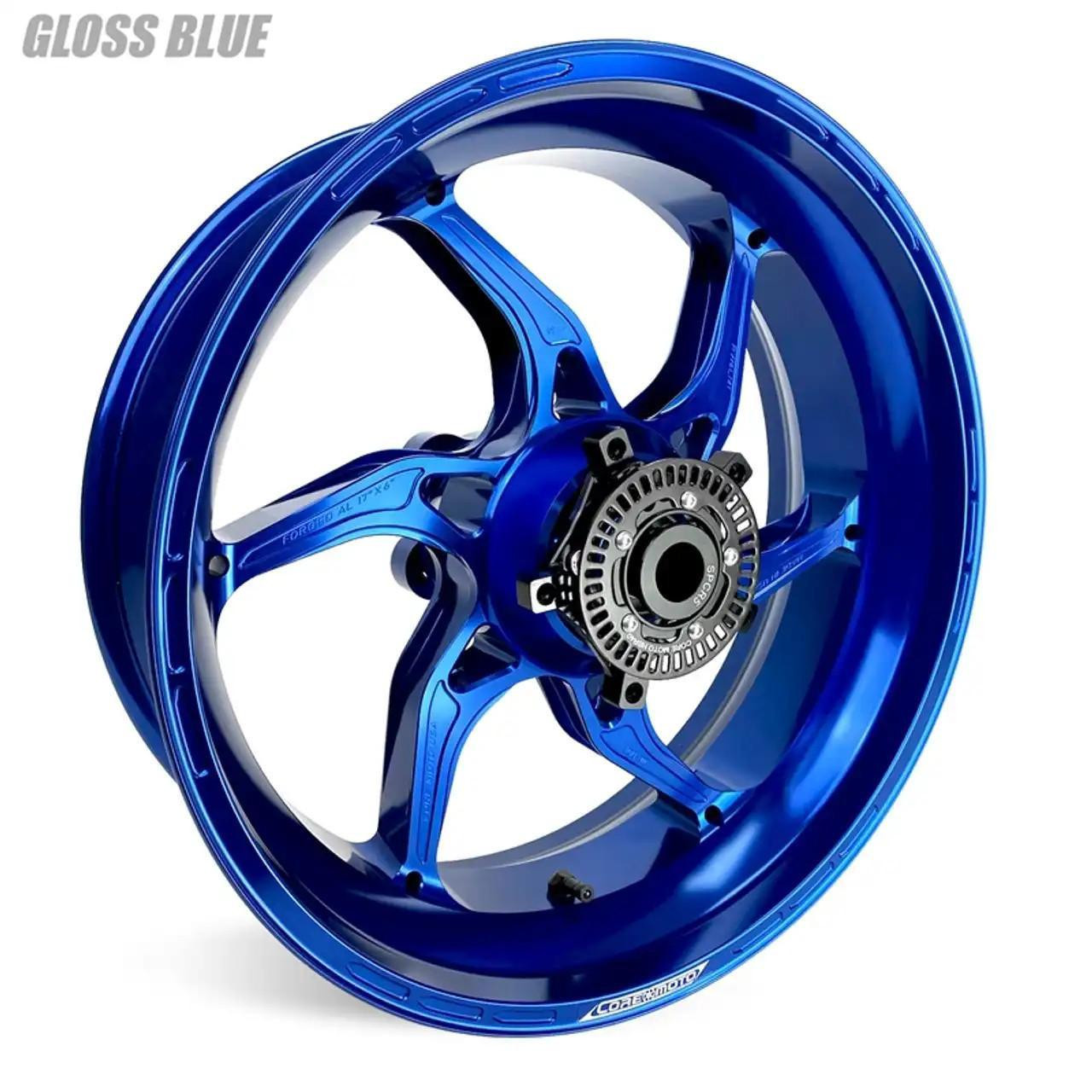 Core Moto Coremoto Apex-6 Forged Aluminum Wheels Kawasaki ZX-10 (06-10), gloss blue motorcycle wheel with a detailed forged aluminum design.