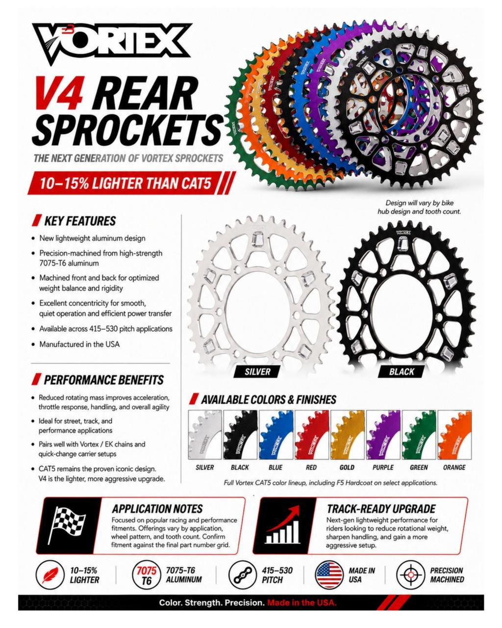 Vortex Motorcycle Parts Vortex V4 Lightweight Rear Sprocket, colorful metallic motorcycle sprocket with black, silver, blue, red, gold, purple, green, and orange options.
