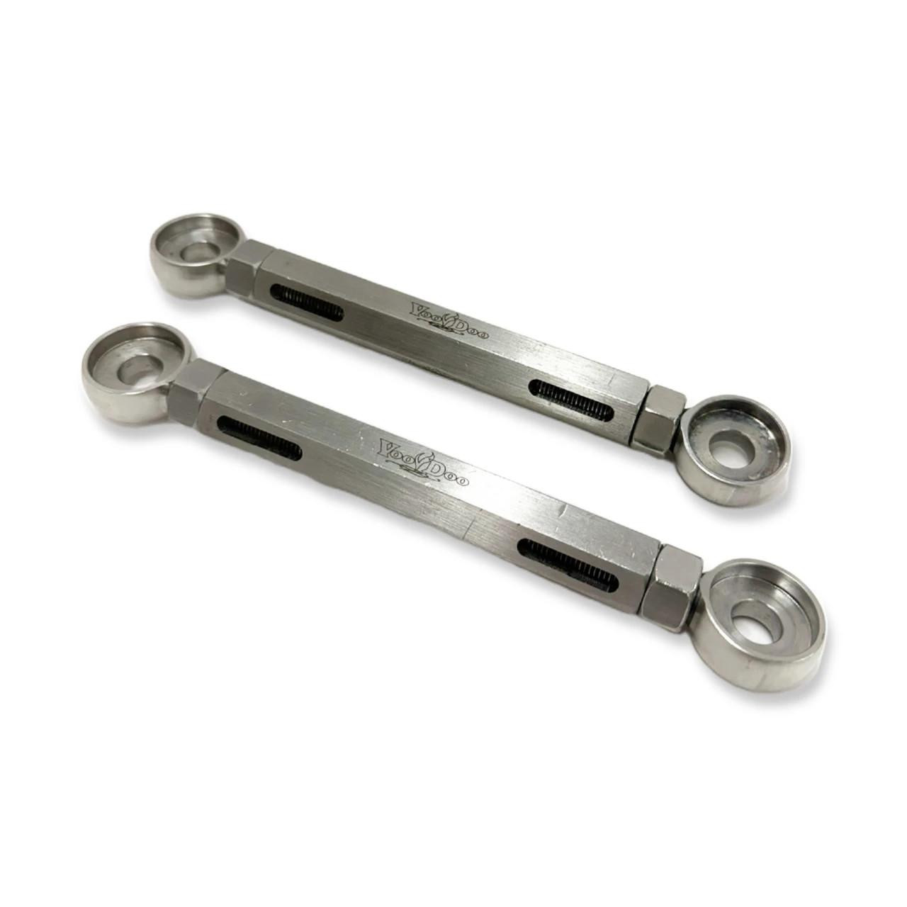 VooDoo Fully Adjustable Lowering Links for Kawasaki ZX-14R, stainless steel motorcycle lowering links with adjustable length for custom lowering and enhanced ride comfort.