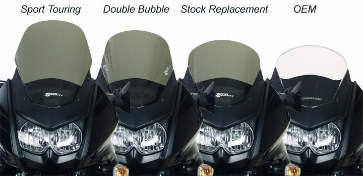 Zero Gravity Sport Touring Windscreen Kawasaki KLR650, four types of motorcycle windshields displayed from left to right, including Sport Touring, Double Bubble, Stock Replacement, and OEM