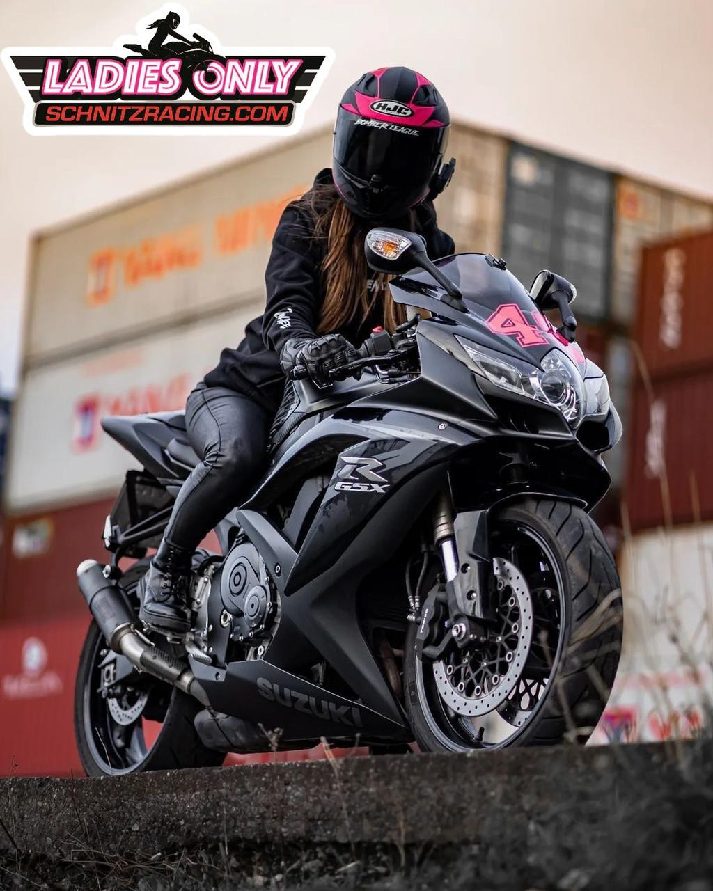 Schnitz Racing "Ladies Only" Sponsor Decal on a black Suzuki GSX sportbike.