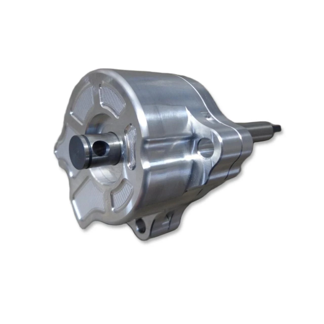 RCC Motorcycle Turbo Kits & Accessories, RCC High Volume Billet Oil Pump for Suzuki Hayabusa (99-26), metallic silver oil pump with intricate design and mounting holes.