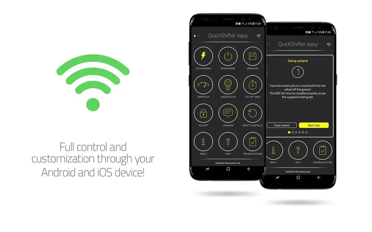 HealTech Electronics Healtech Quickshifter Kit Suzuki GSXR750 (00-26), mobile app control displays with smartphone screens showing quickshifter setup and customization options