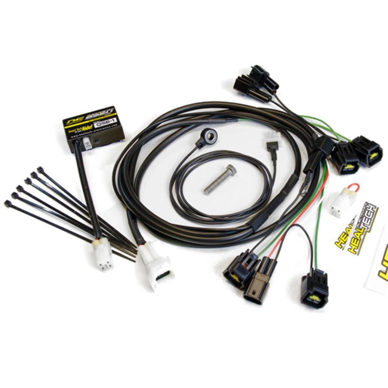 HealTech Electronics Healtech Quickshifter Kit Suzuki GSXR750 (00-26), electrical wiring harness, connectors, sensors, and control module for motorcycle quickshifter installation.