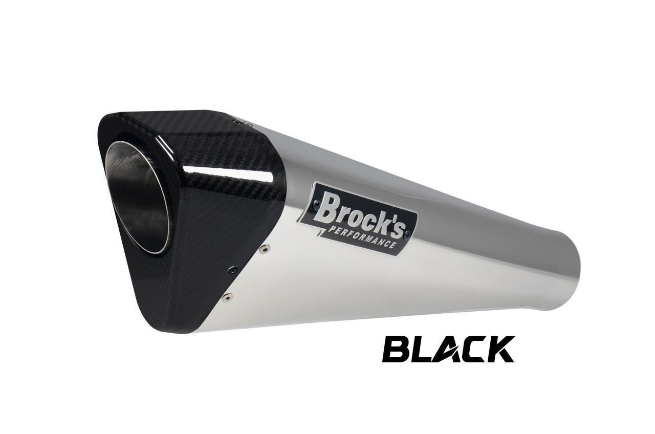 Brock’s Performance Motorcycle Parts Penta-Carbon Full System 15" Muffler GSX-R1000 (05-06), black and silver motorcycle exhaust with carbon fiber design and Brock’s logo.