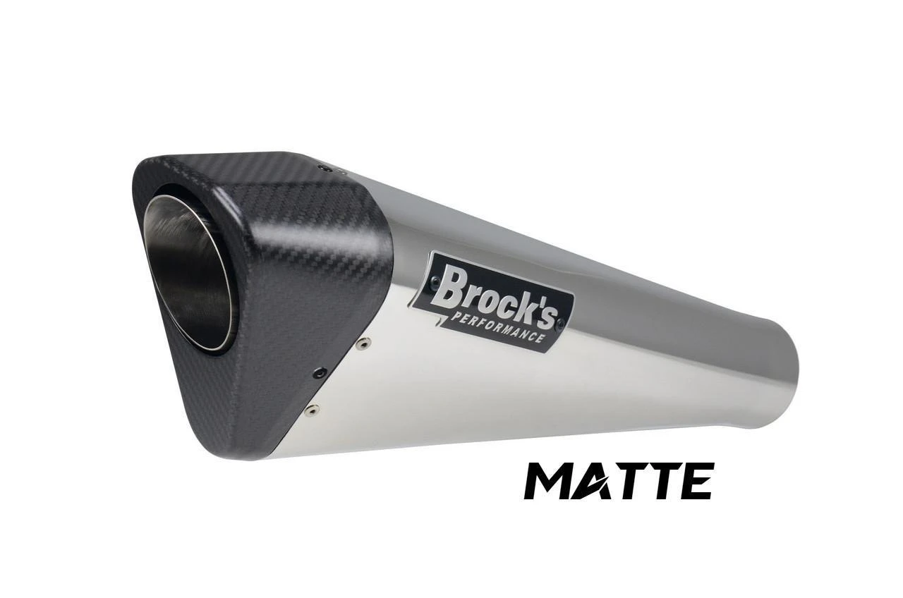 Brock’s Performance Motorcycle Parts Penta-Carbon Full System 15" Muffler GSX-R1000 (05-06), matte finish motorcycle exhaust with carbon fiber end cap and brushed metal pipe.