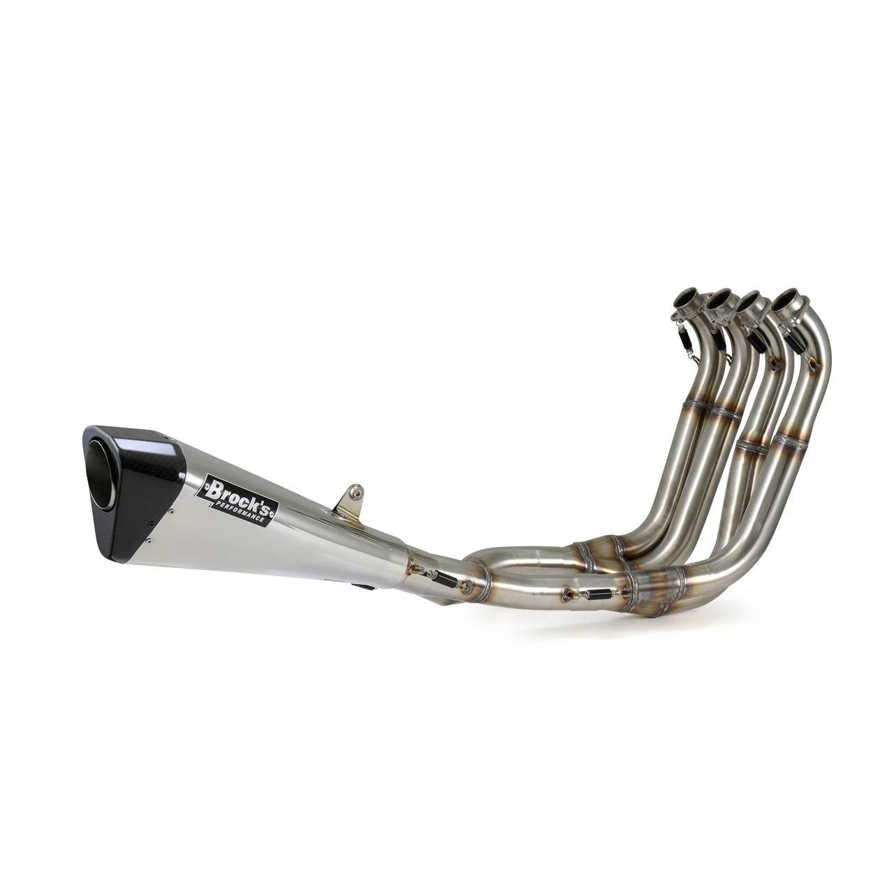 Brock’s Performance Motorcycle Parts Penta-Carbon Full System 15" Muffler GSX-R1000 (05-06), motorcycle exhaust system with polished metal pipes and black muffler showcasing the product branding.
