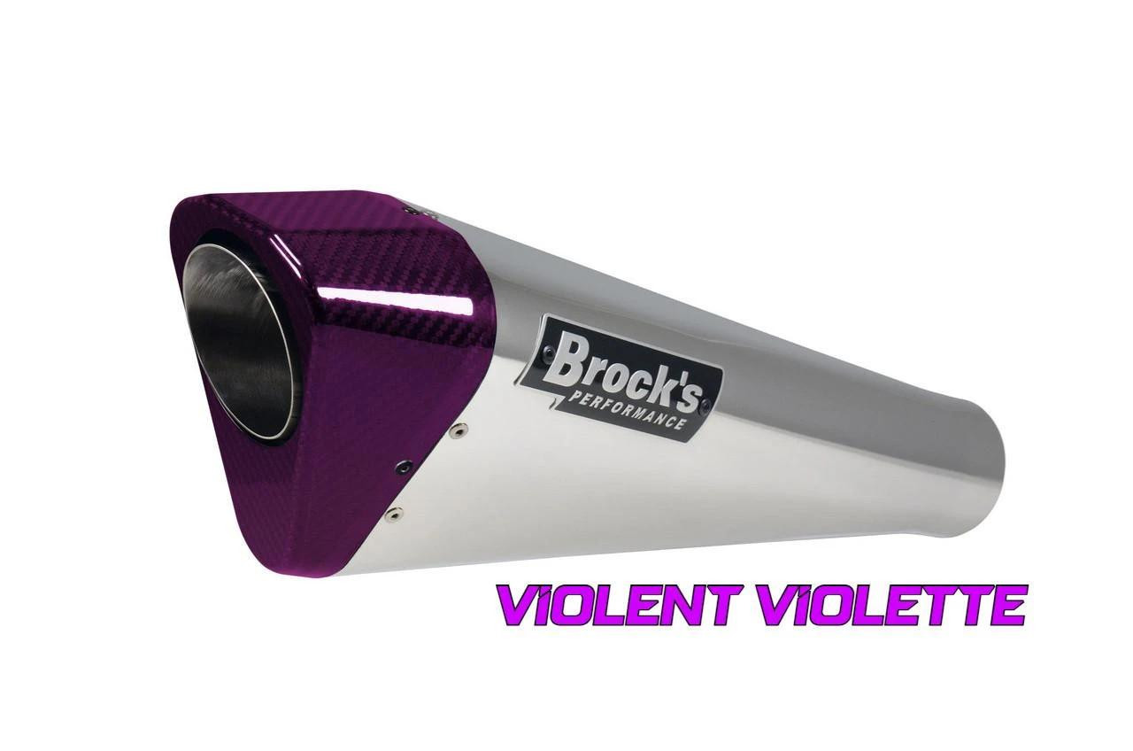 Brock’s Performance Motorcycle Parts Penta-Carbon Full System 15" Muffler GSX-R1000 (05-06), with purple carbon fiber end cap and silver body, featuring Brock’s logo and violet branding.