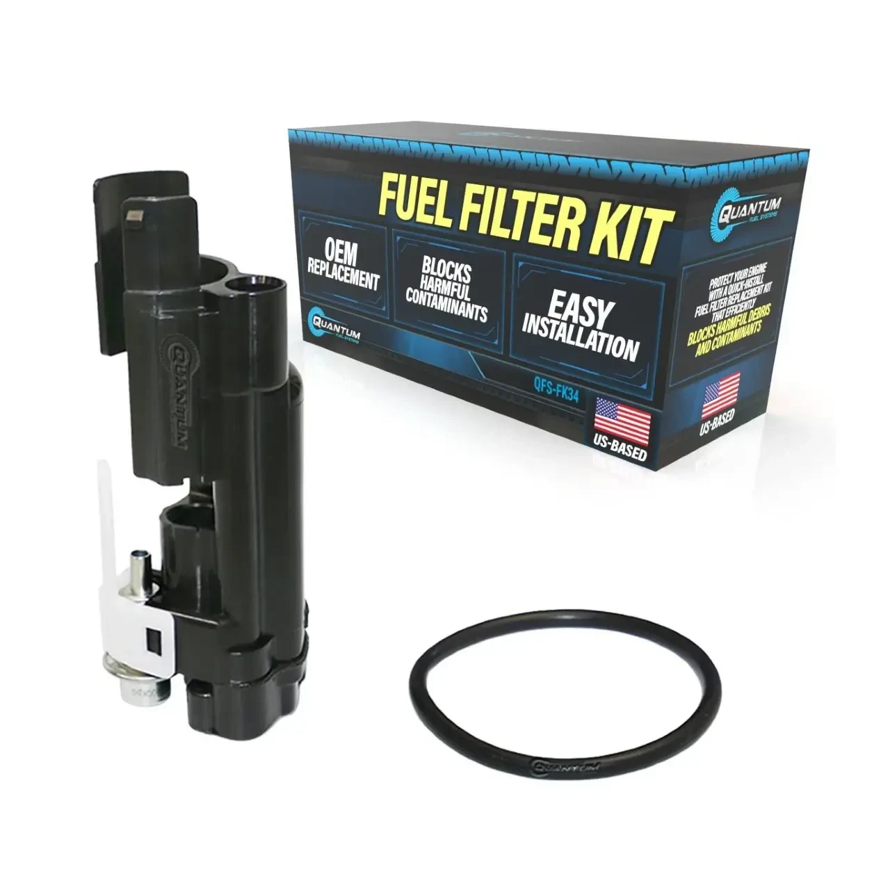 Quantum OEM Replacement Motorcycle Fuel Pumps Quantum OEM Replacement Fuel Filter Kit Suzuki Hayabusa (01-07), black fuel pump with filter and O-ring, packaging box with product details.
