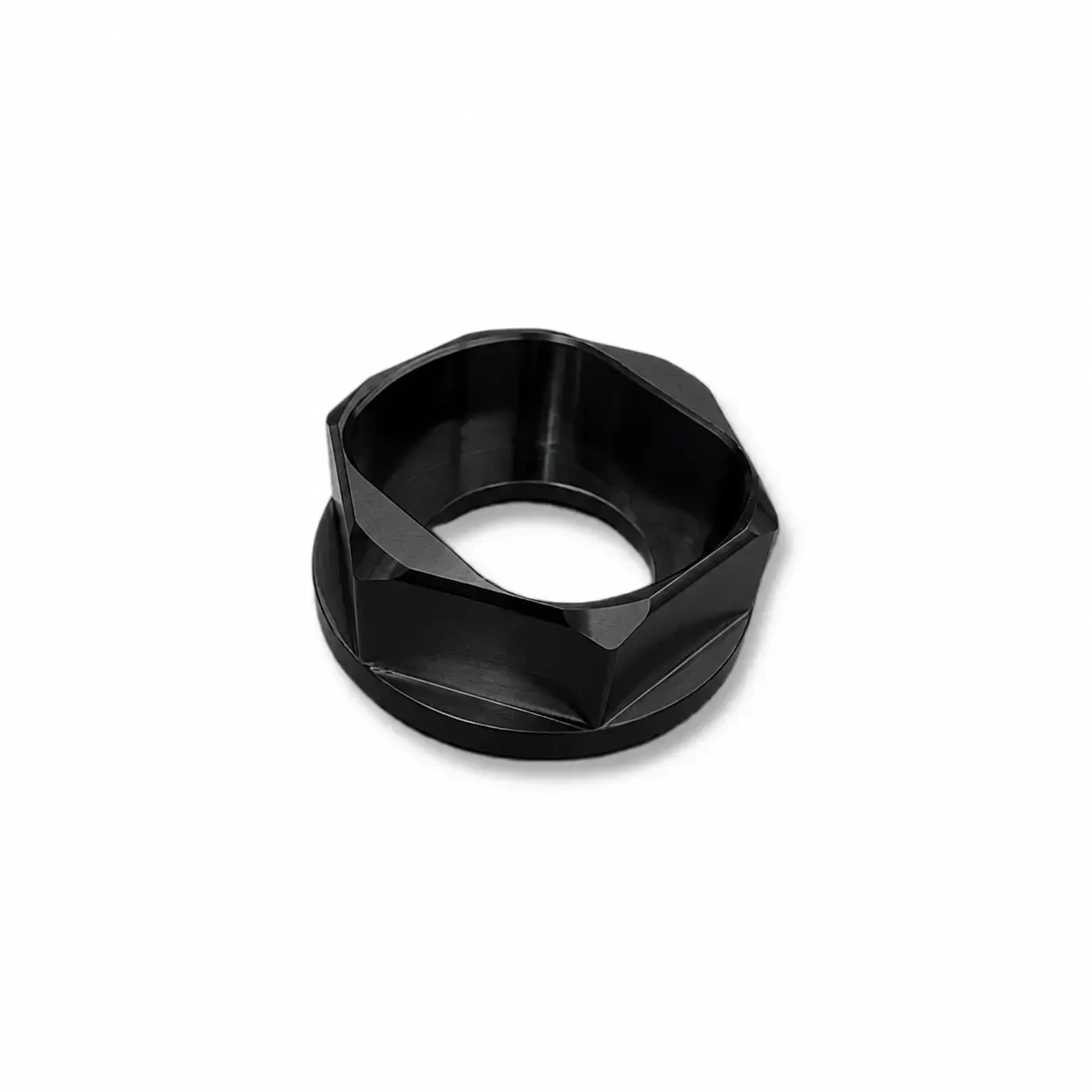 G Force Racing Components Billet Slide Through Axle Nut - Universal, black anodized motorcycle axle nut with a solid, durable design and a geometric, faceted surface.