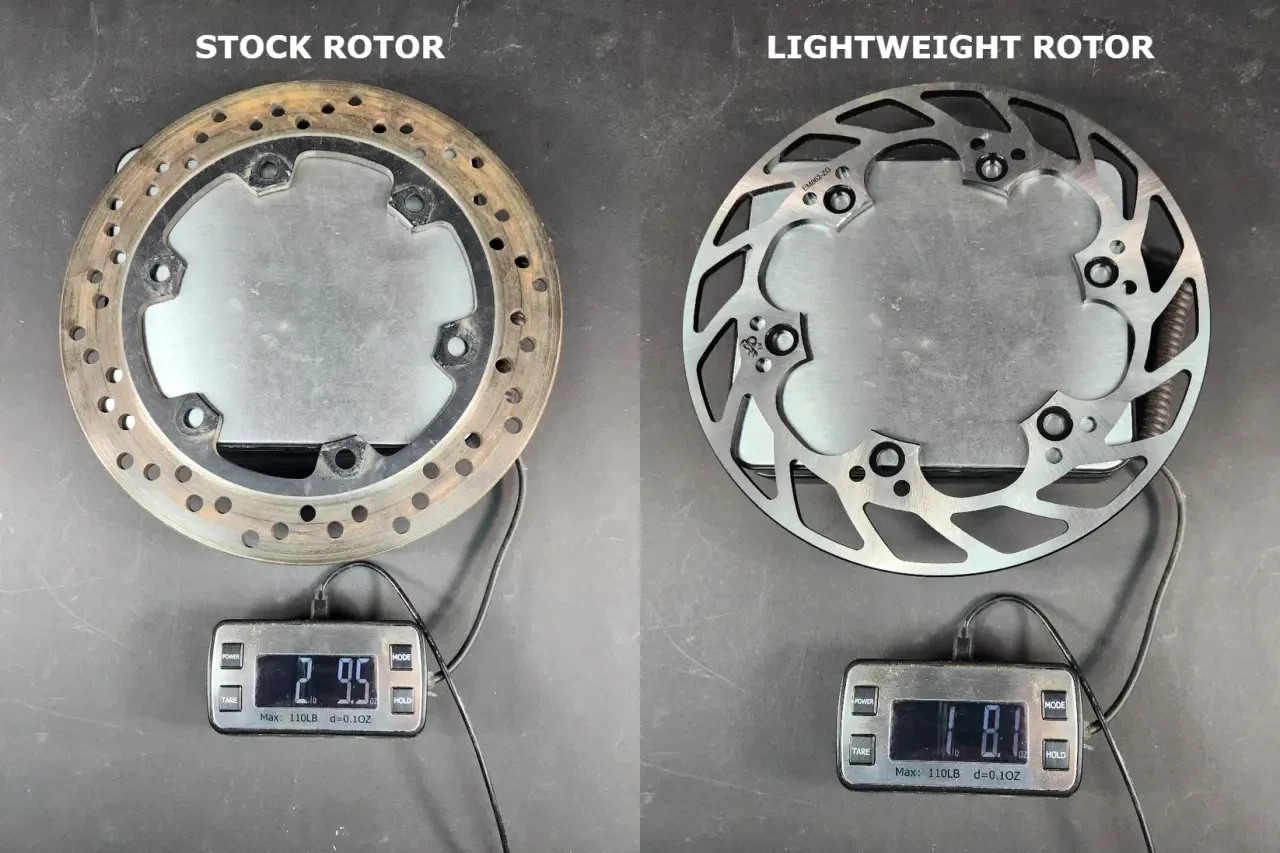 VooDoo Motorcycle Components Lightweight Rear Brake Rotor Suzuki Hayabusa (08-20), comparison of stock rotor and lightweight rotor with weight measurements.