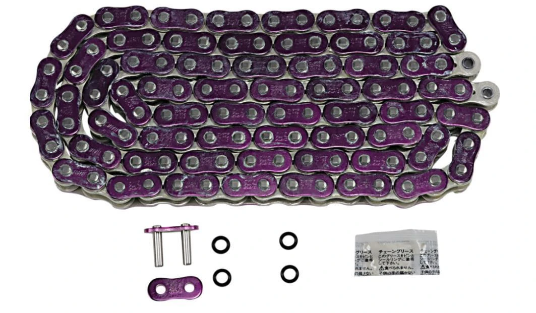 EK Chain Motorcycle Chain Parts EK Chain 520 ZVX-3 X-Ring, purple motorcycle chain with chain links, connecting pins, and O-rings for durable motorcycle performance.