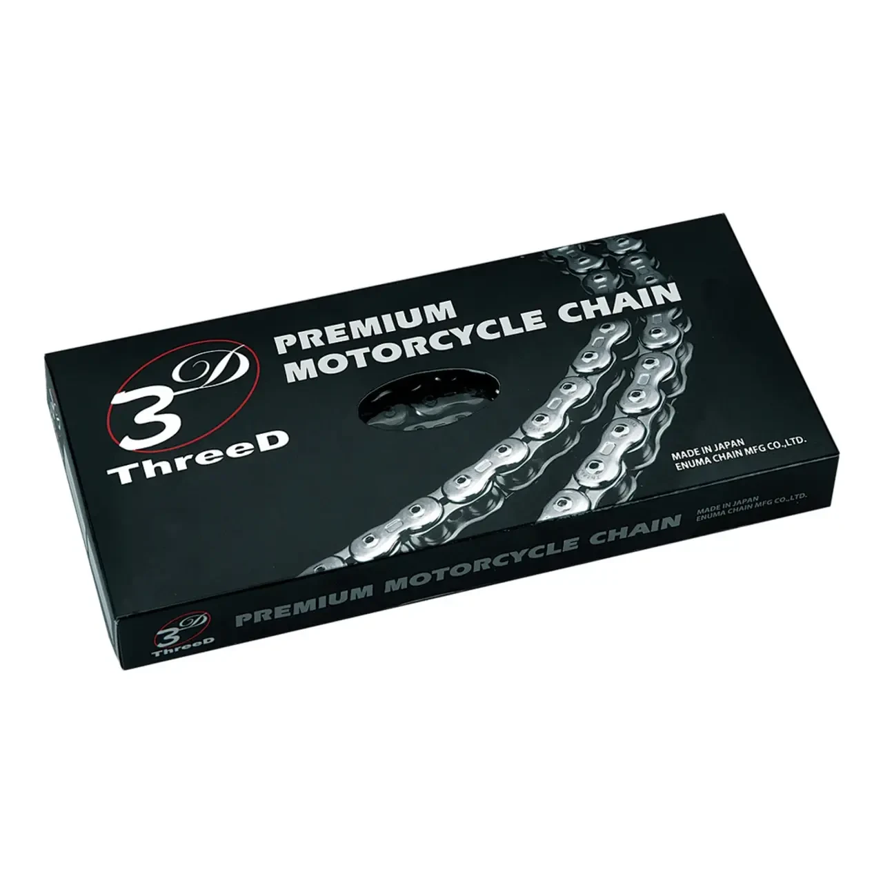EK Chain Motorcycle Chain Parts EK Chain 520 3D QX2 X-Ring, black packaging box with silver motorcycle chain illustration and product details.