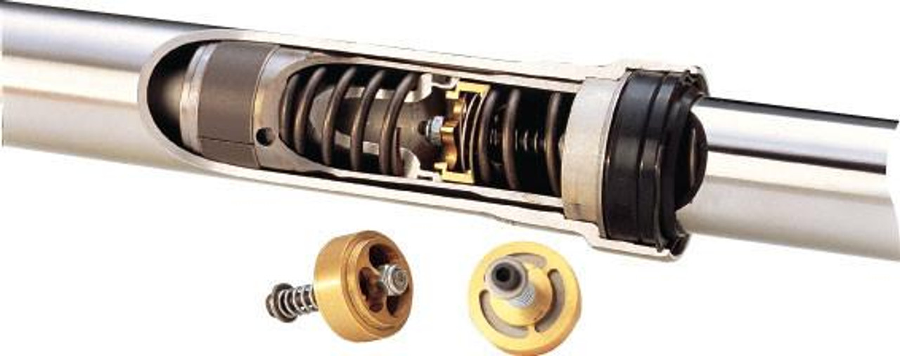 Race Tech Gold Valve Fork Emulator Kawasaki KLR650, close-up view of the fork emulator showing the internal gold-colored components and installation parts.