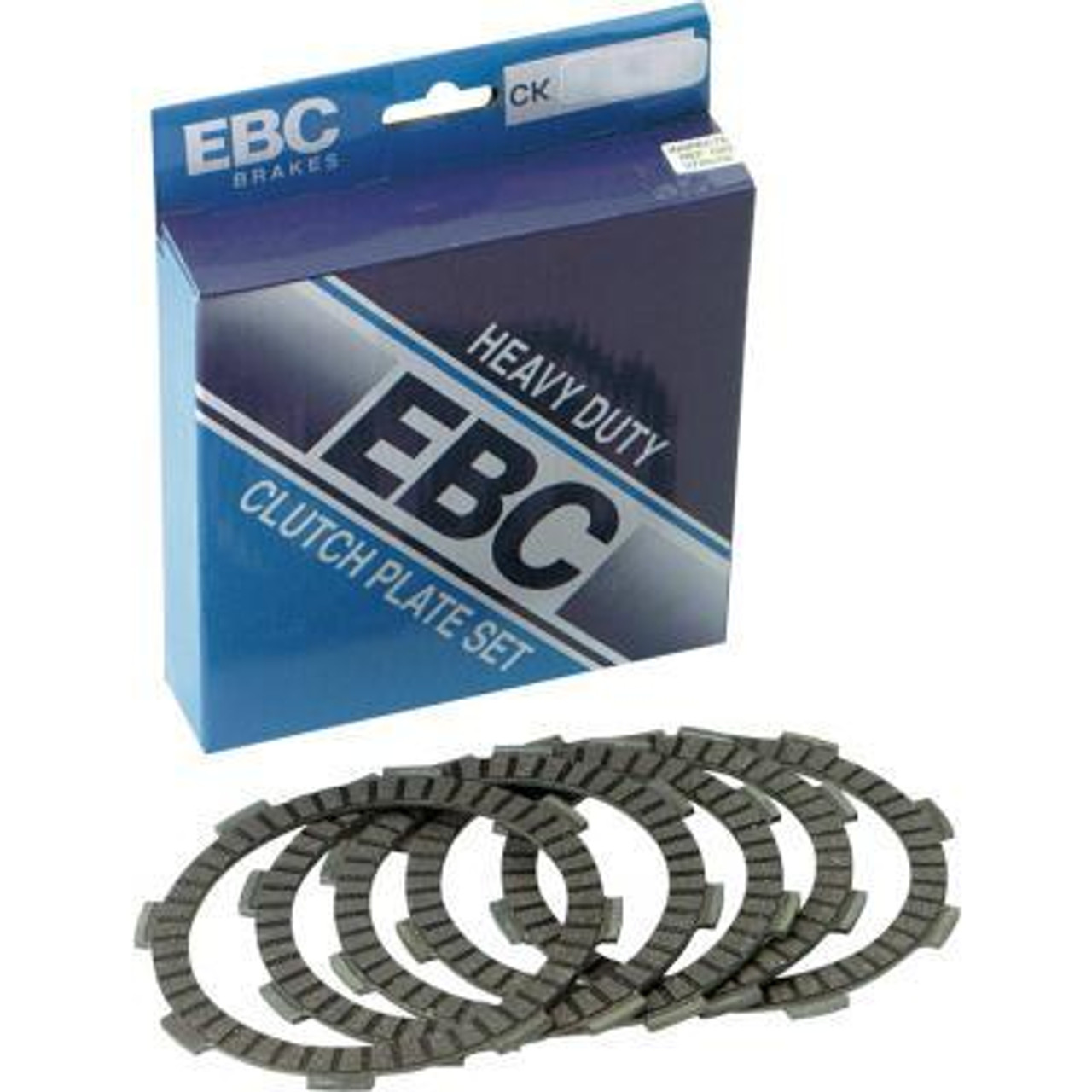EBC CK Series Clutch Disk Set Kawasaki KLR650, a set of four heavy-duty clutch plates with teeth and friction surface, packaged in a blue box with branding.