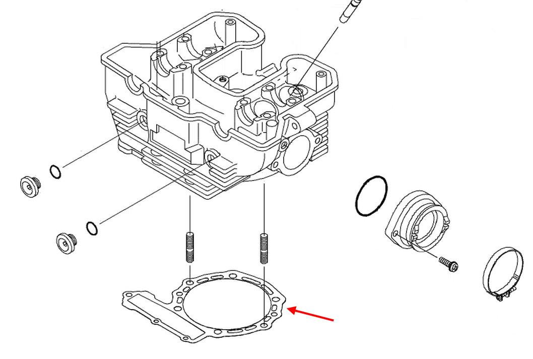 Kawasaki OEM Head Gasket for Kawasaki KLR650, technical diagram of engine parts showing the head gasket.
