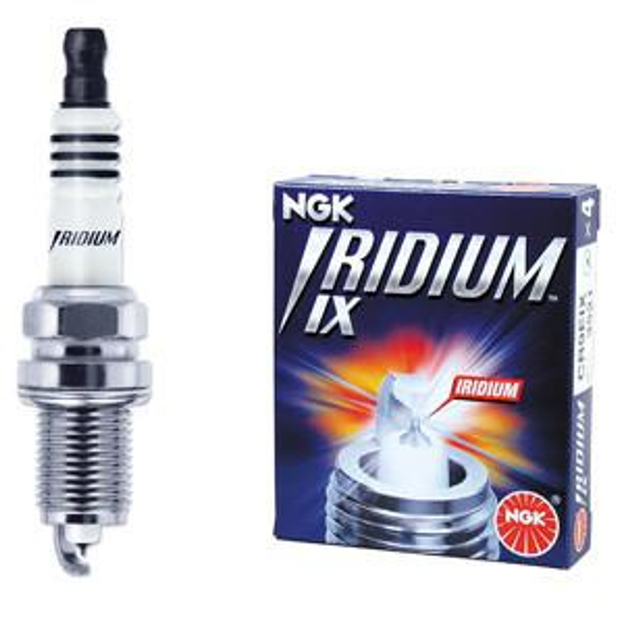 NGK Spark Plug DPR8EIX-9 Iridium, close-up of the iridium spark plug with silver and black design and packaging box displaying NGK IRIDIUM IX branding.