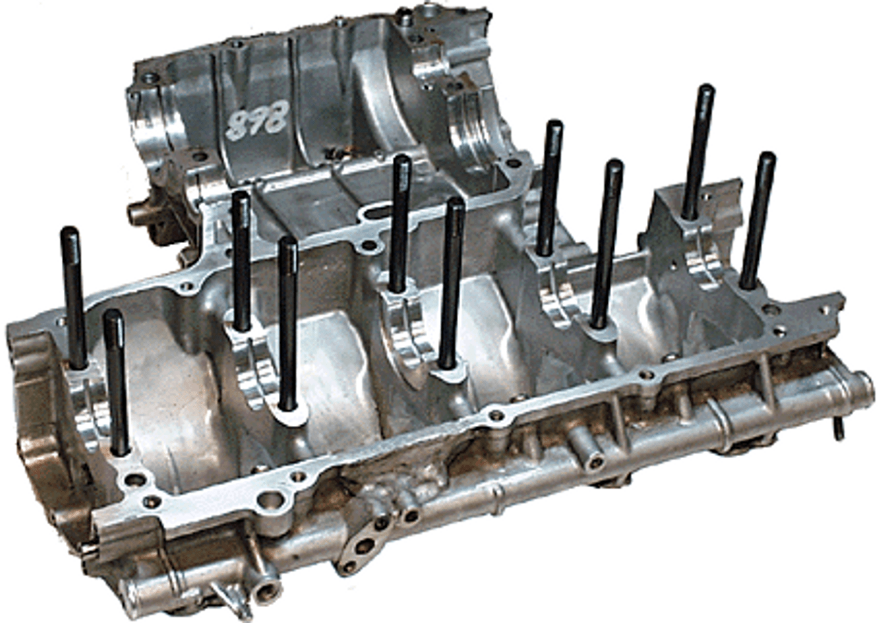 APE Main Bearing Studs Suzuki Hayabusa (99-26), close-up view of engine component with metal studs installed in the engine block for secure mounting.