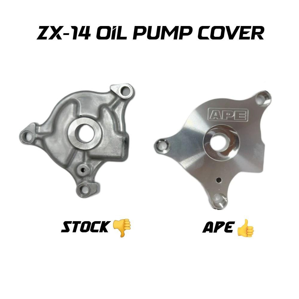 APE Oil Pump Cover Kawasaki ZX14R (06-26), aftermarket motorcycle oil pump cover in silver with APE logo, compatible with Kawasaki ZX14R (2006-2026).