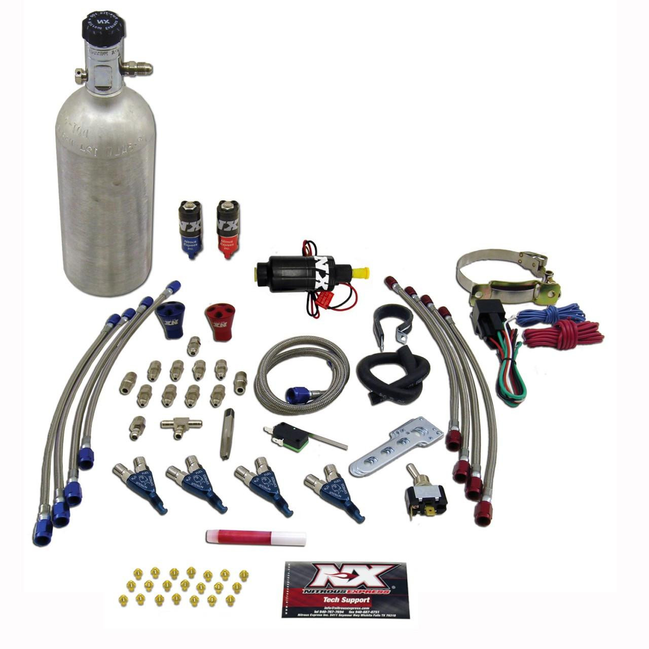 NX Four Cylinder Piranha Wet Nitrous Kit, complete car performance nitrous oxide system with bottle, hoses, solenoids, wiring, and accessories.