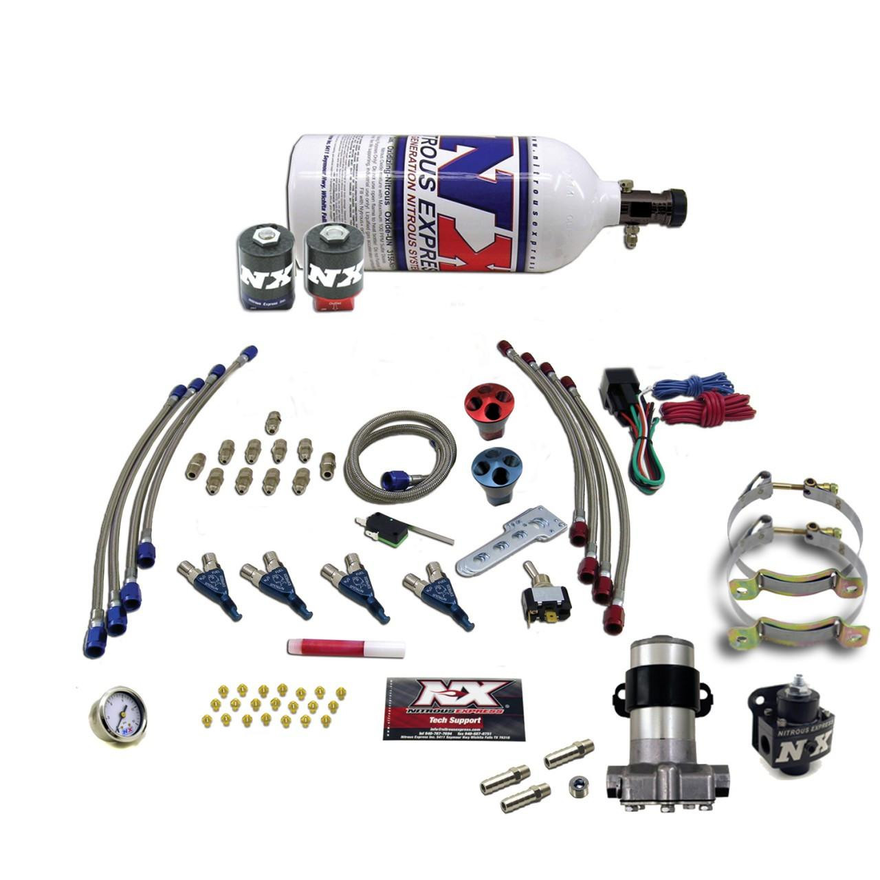NX Four Cylinder Piranha Pro Mod Wet Nitrous Kit, detailed image showing various components including nitrous oxide tank, hoses, nozzles, wiring, regulators, and installation accessories for high-performance automotive applications.
