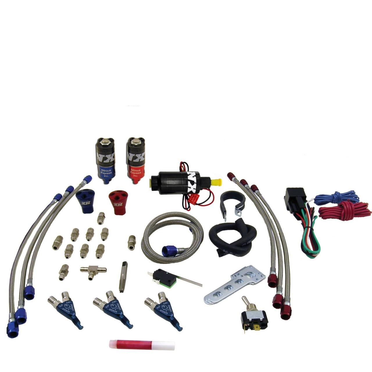 NX Three Cylinder Piranha Wet Nitrous Kit, car performance upgrade component with hoses, fittings, solenoids, and wiring for nitrous oxide injection.