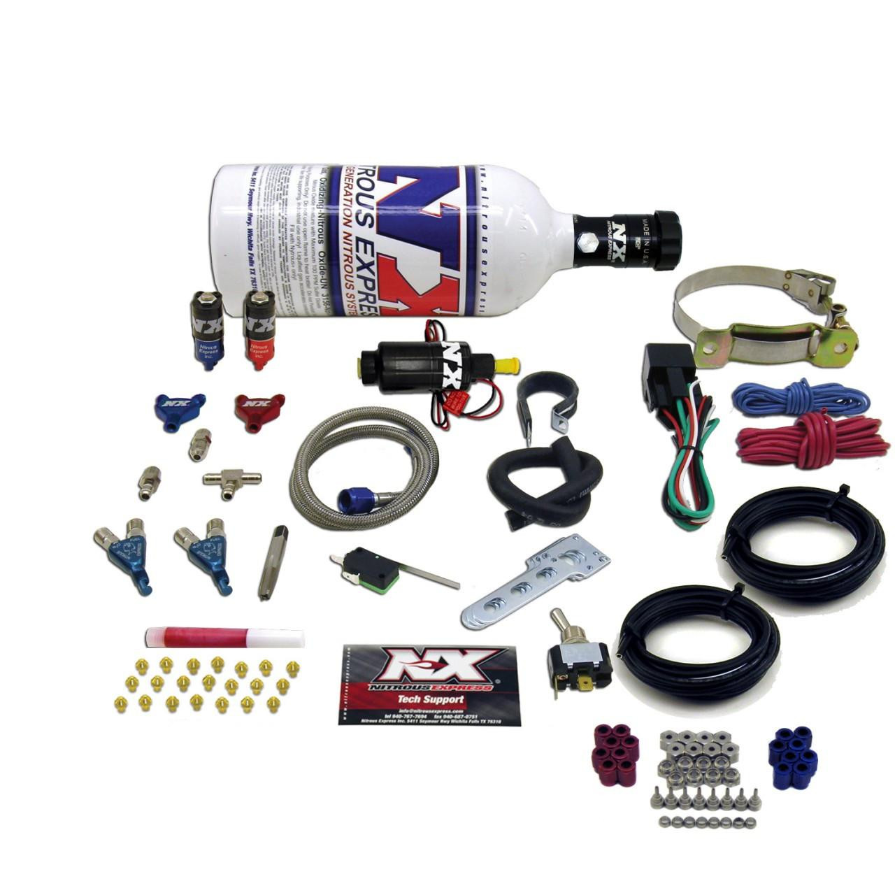 NX Two Cylinder Piranha Wet Nitrous Kit, assembled kit with bottle, hoses, wiring, and installation accessories for car performance enhancement.
