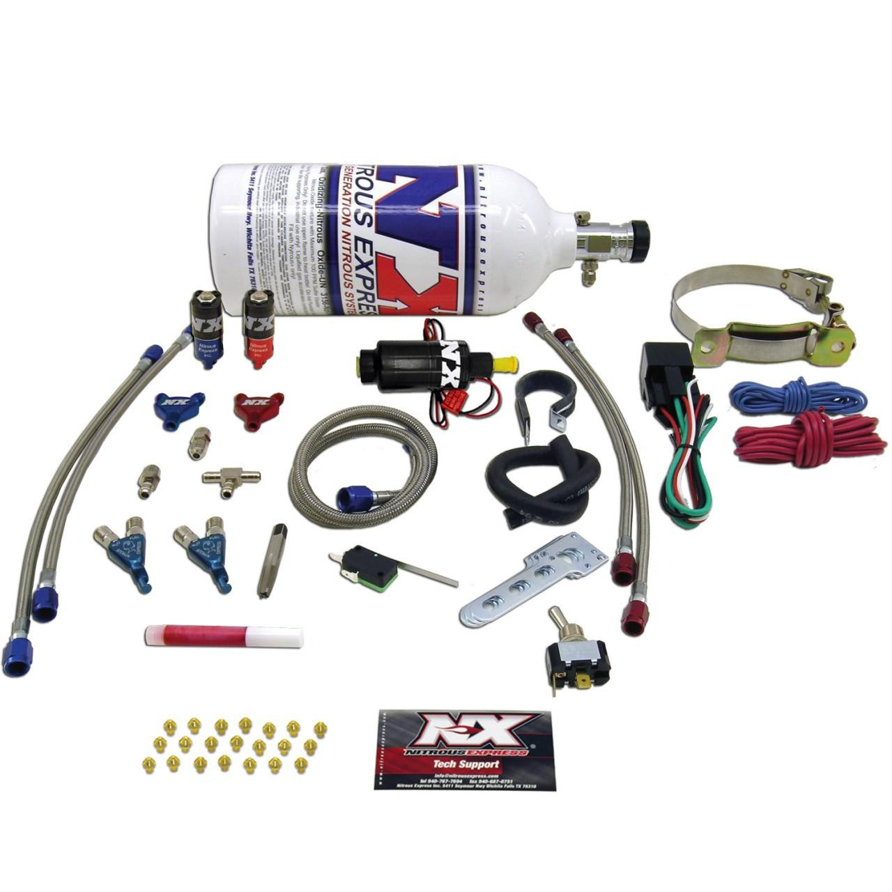 NX Two Cylinder Piranha Wet Nitrous Kit, complete with bottles, hoses, valves, wiring, and accessories for performance vehicle enhancement.
