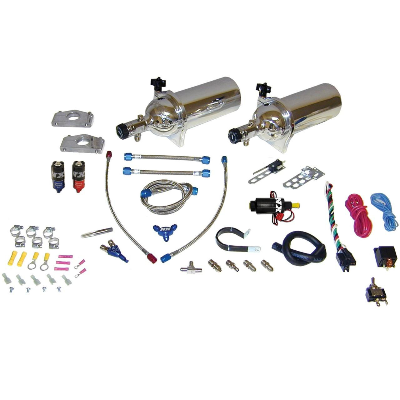 NX V-Twin Piranha Wet Nitrous Kit, comprehensive motorcycle nitrous oxide system with chrome bottles, hoses, fittings, and electrical components.