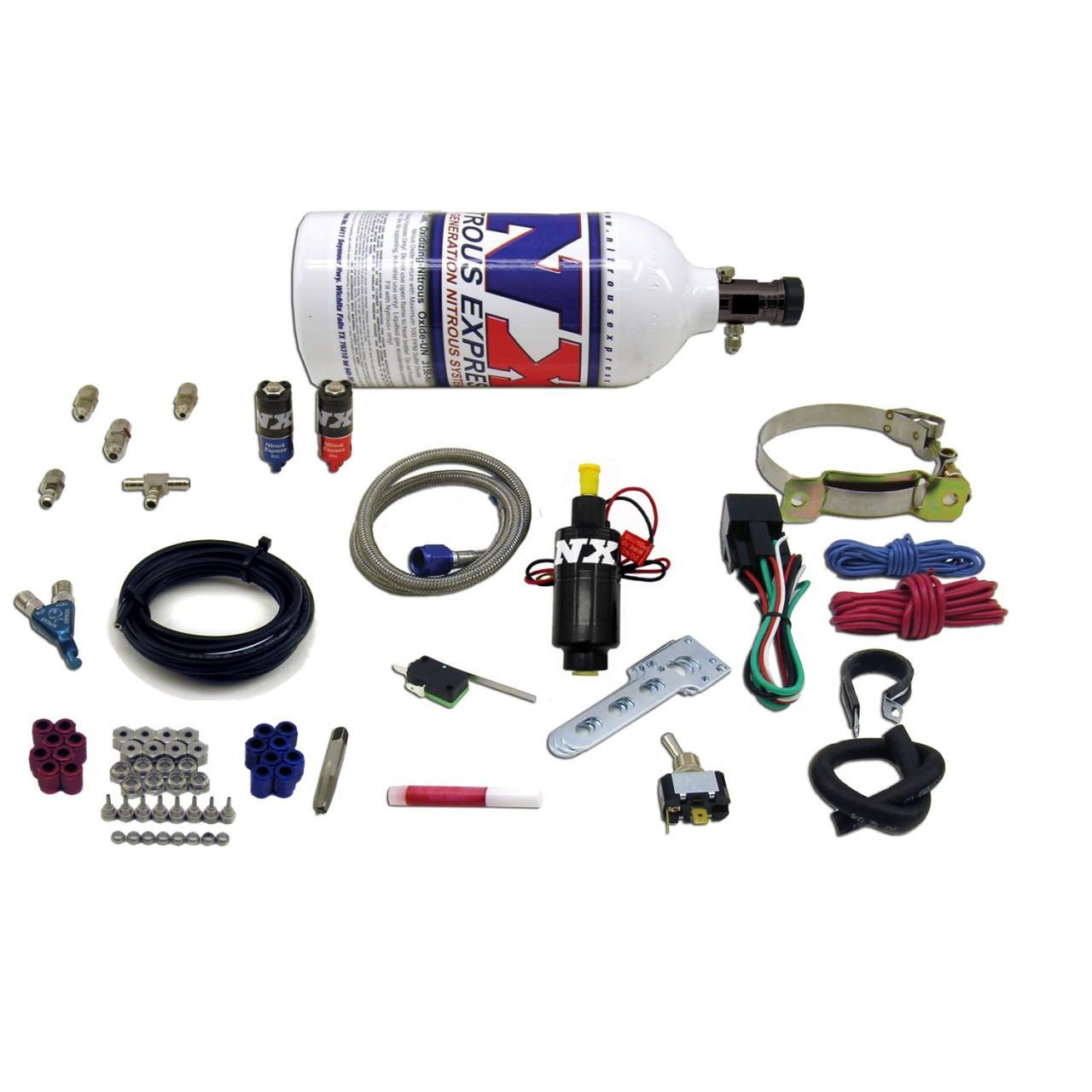 NX Single Cylinder Piranha Wet Nitrous Kit, complete installation components including a nitrous oxide bottle, hoses, control switches, fittings, and wiring.