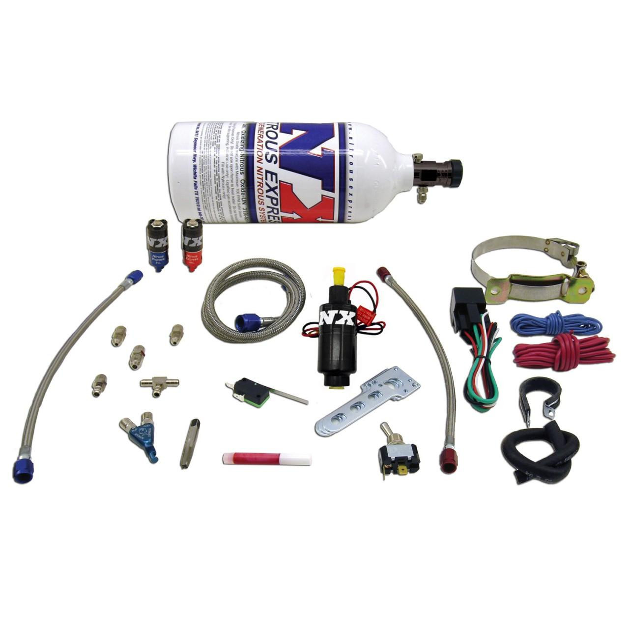 NX Single Cylinder Piranha Wet Nitrous Kit, image showing various components including nitrous oxide bottle, hoses, switches, fittings, and wiring for automotive nitrous system installation.