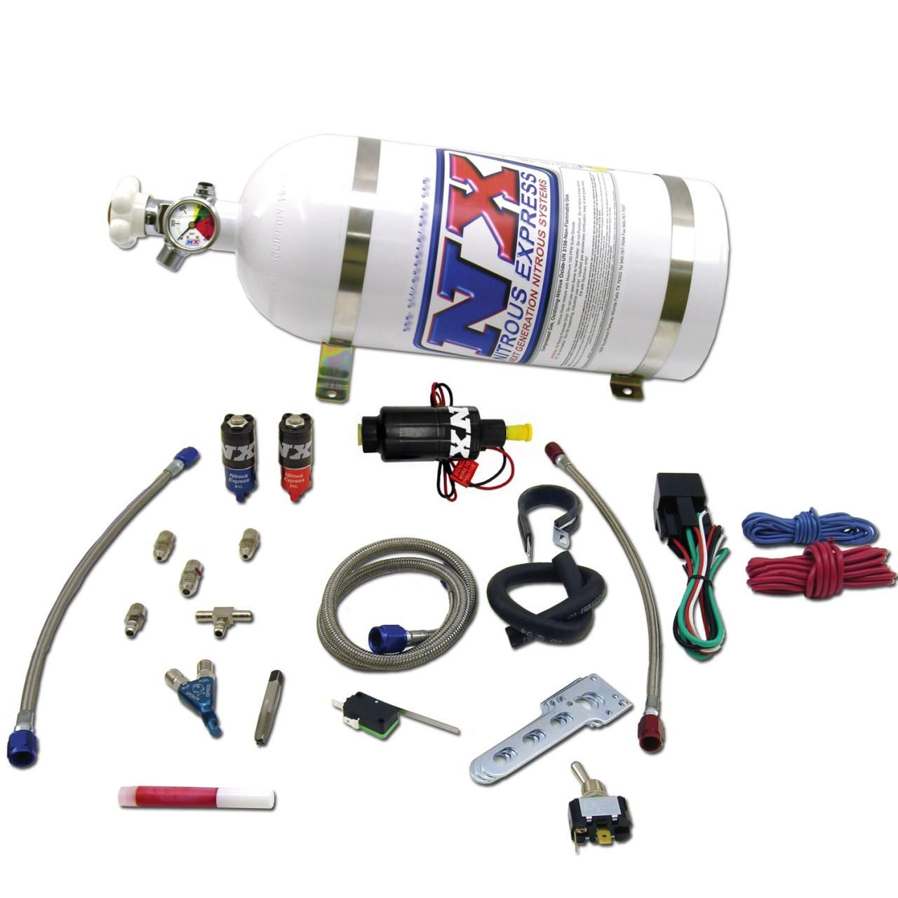 NX Single Cylinder Piranha Wet Nitrous Kit, complete nitrous oxide system with a large white tank, hoses, regulators, wiring, and installation components.