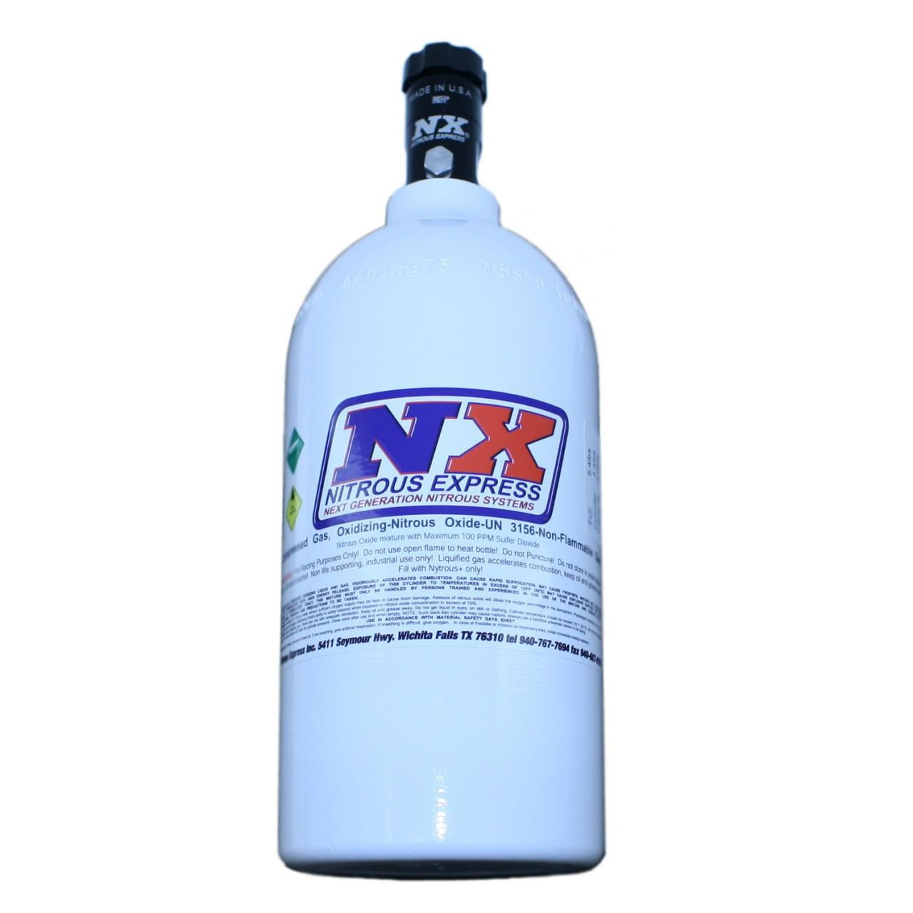 NX Nitrous Bottle, a white metal nitrous oxide tank with a black valve on top showing the NX logo and label detailing its specifications.