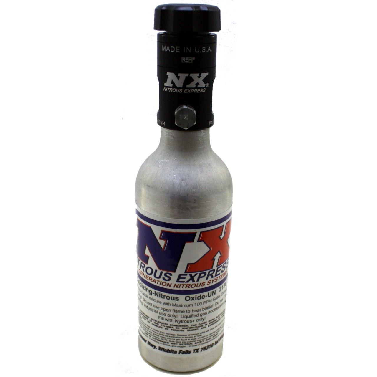 NX Nitrous Bottle, metal nitrous oxide tank with black valve and label for nitrous oxide system.