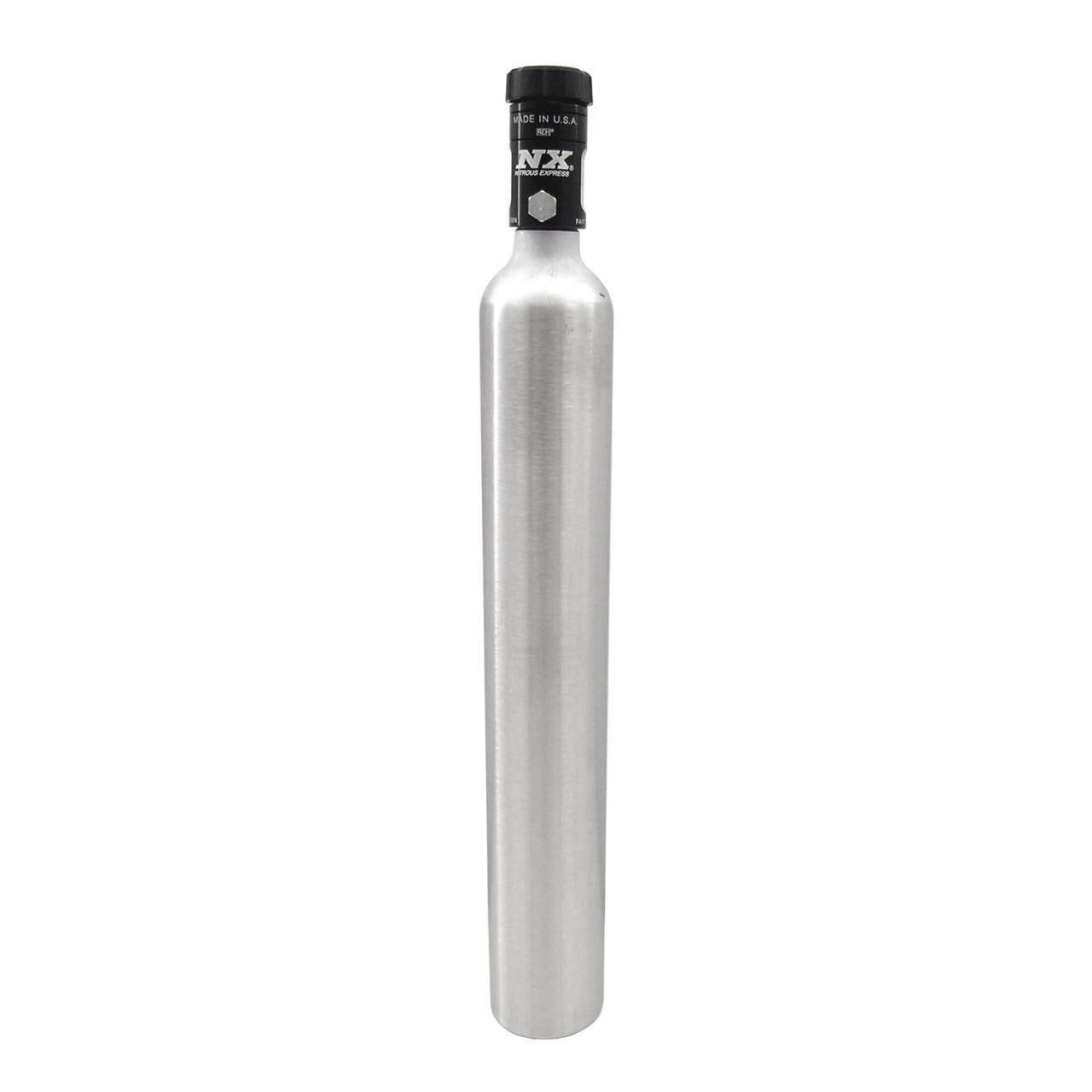 NX Nitrous Bottle, a sleek and durable metal nitrous oxide storage cylinder with a black control valve at the top.