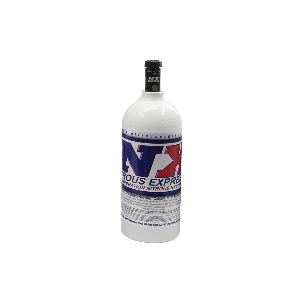 NX Nitrous Bottle, white cylindrical bottle with a black cap and a label displaying the NX logo and specifications for nitrous oxide generation.