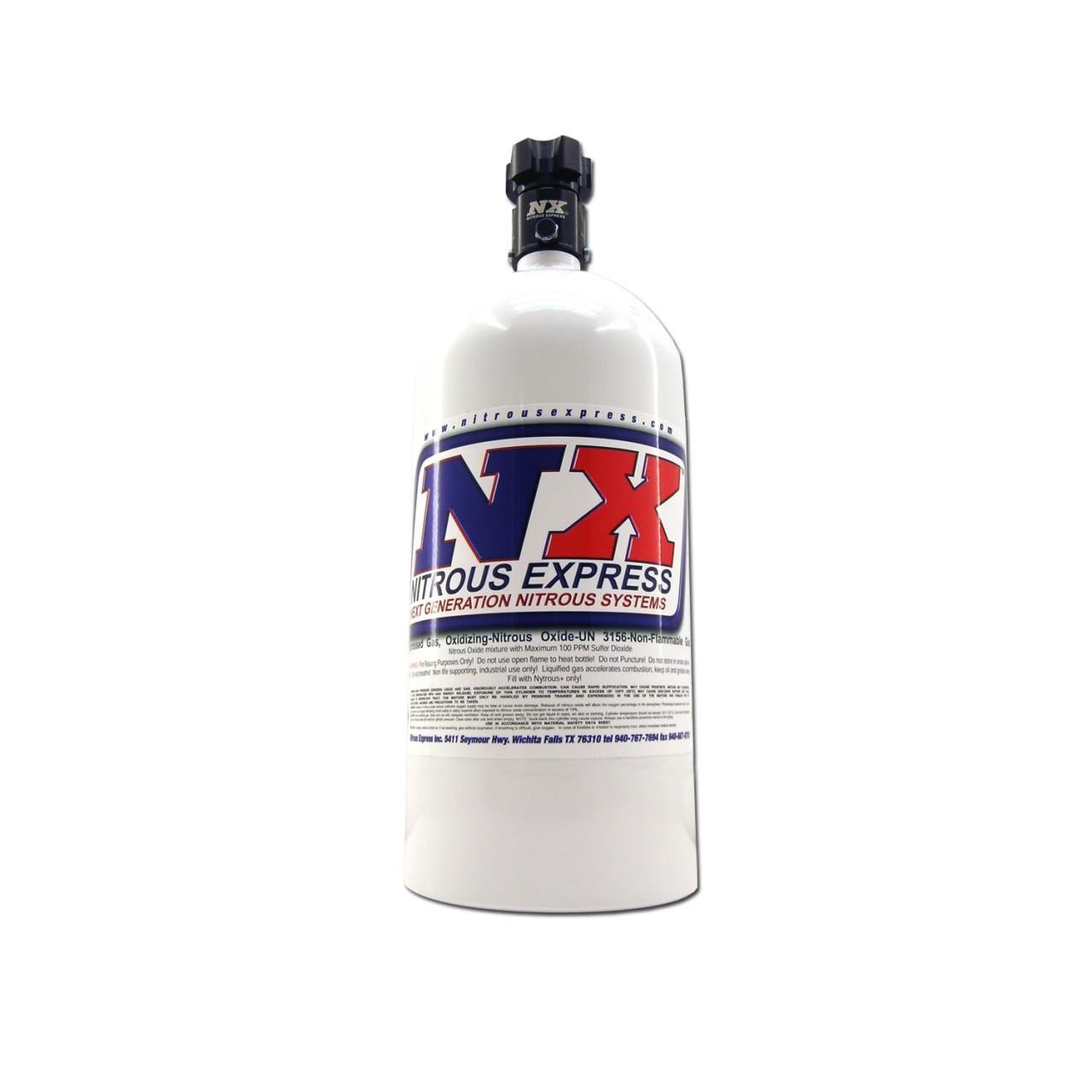 NX Nitrous Bottle, white nitrous oxide tank with black valve and label for nitrous systems.