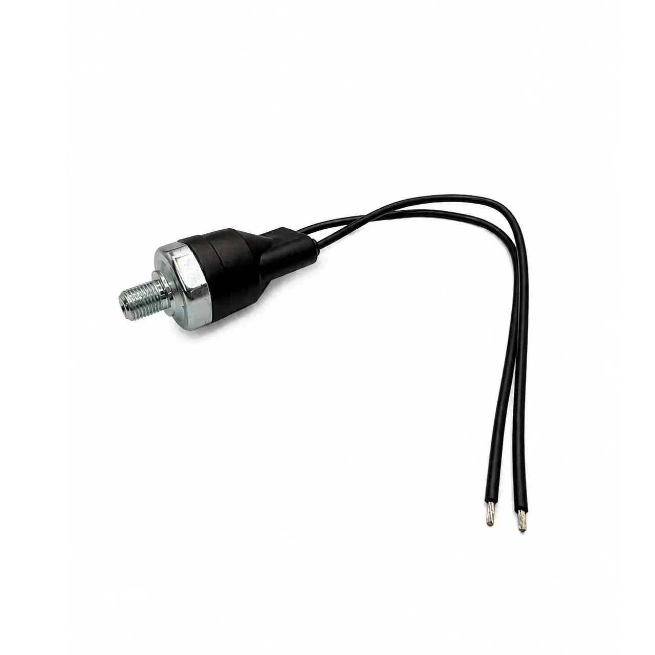 Schnitz Racing Motorcycle Performance Parts Schnitz Automatic Air Compressor Switch, black electrical switch with metal threaded connector and two attached wires.