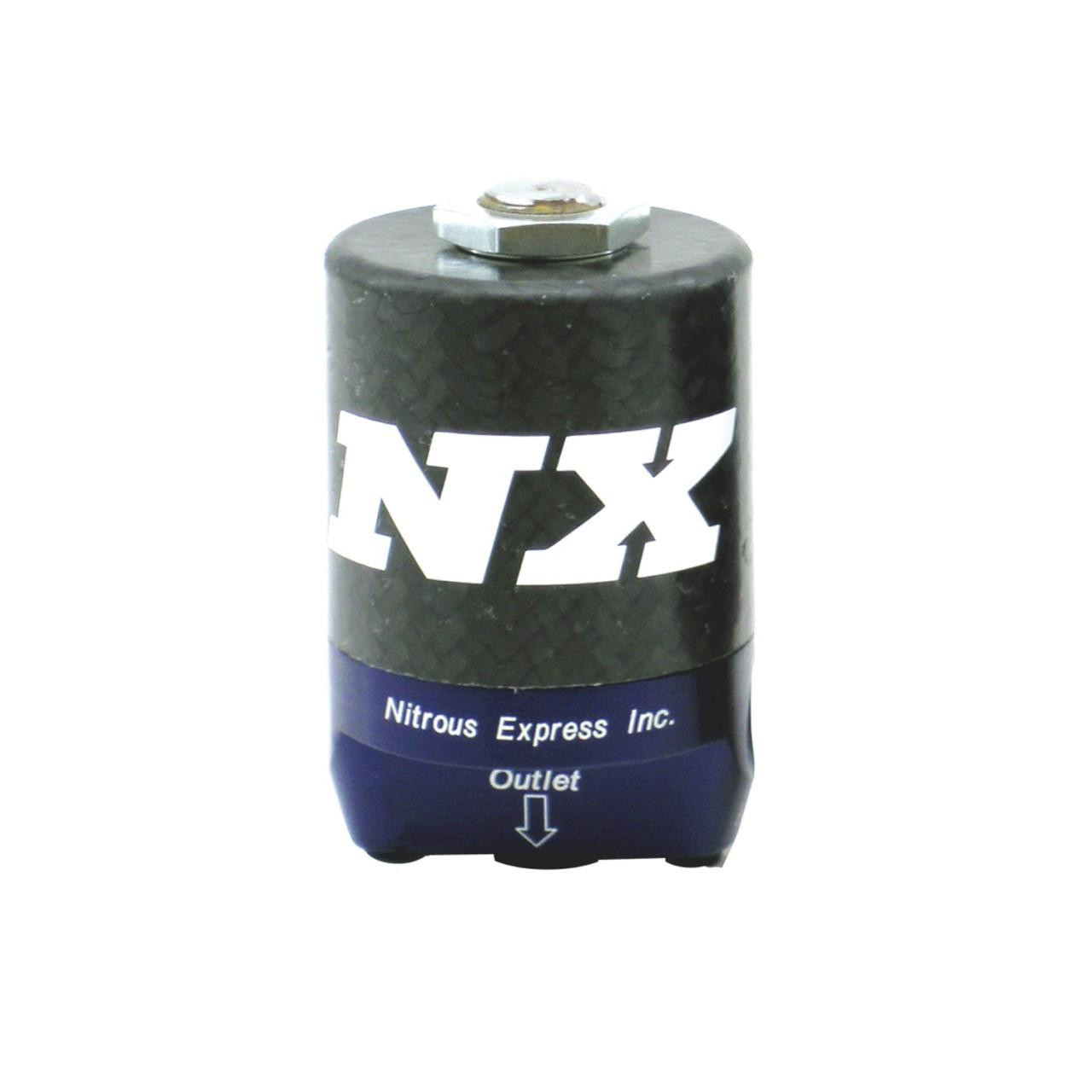 NX Lightning Nitrous Solenoids, compact black and blue nitrous oxide switch with outlet label and metal connector at the top