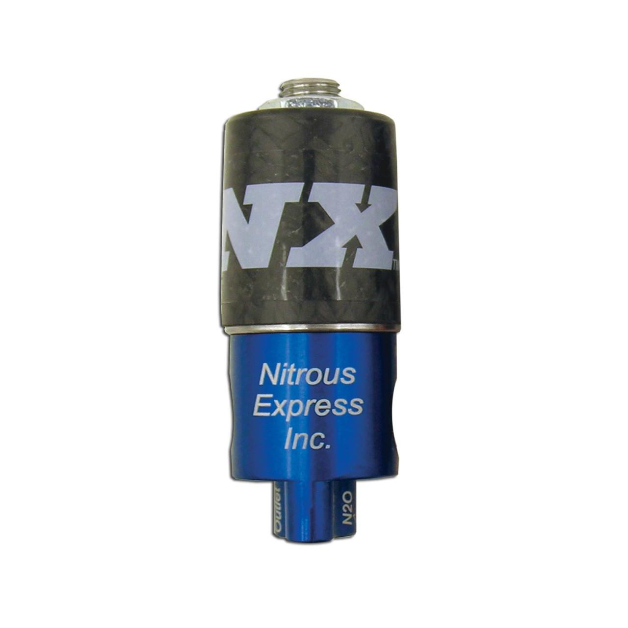 NX Lightning Nitrous Solenoids, blue and black nitrous solenoid with branding and metallic fittings.